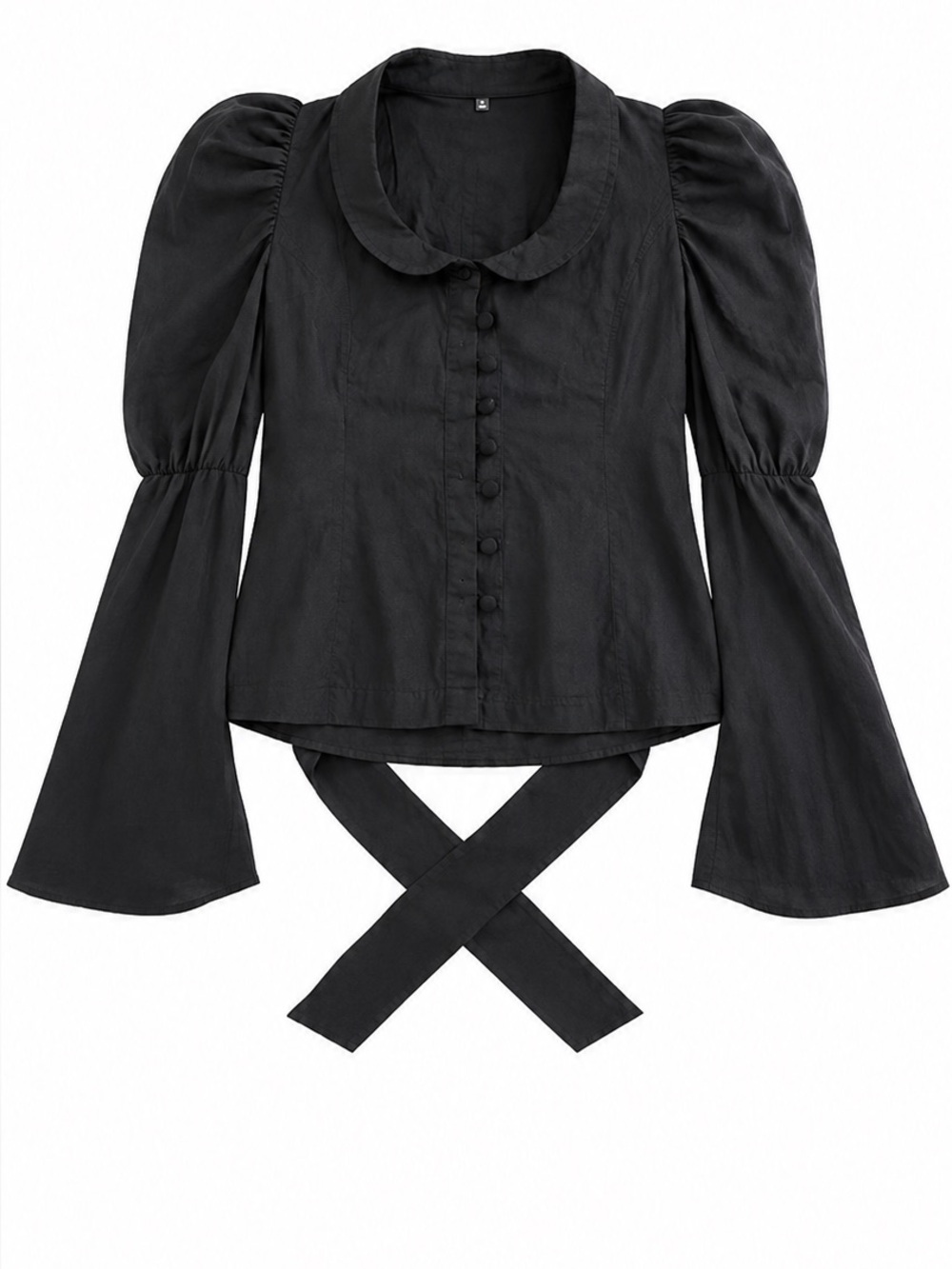 Black Puff-Sleeve Tie-Back Button Down Blouse
